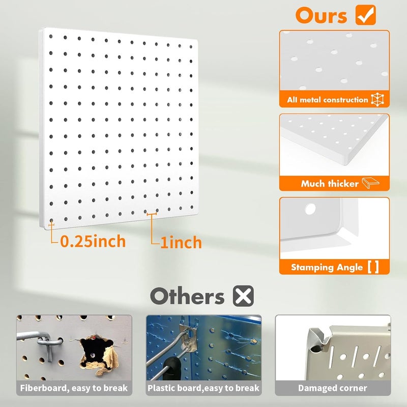 FZK Peg Board, 6PCS Metal Pegboard, Heavy Duty pegboard Wall Organizer with Frame. White pegboard for Walls, Garage, Workbench, Craft Room Tool Organization, Metal peg Board Panels 12in*12in - Image 3